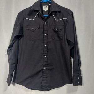 Ely Cattleman Youth L Pearl Snaps‎ Western Rodeo Shirt Black Long Sleeve Pockets